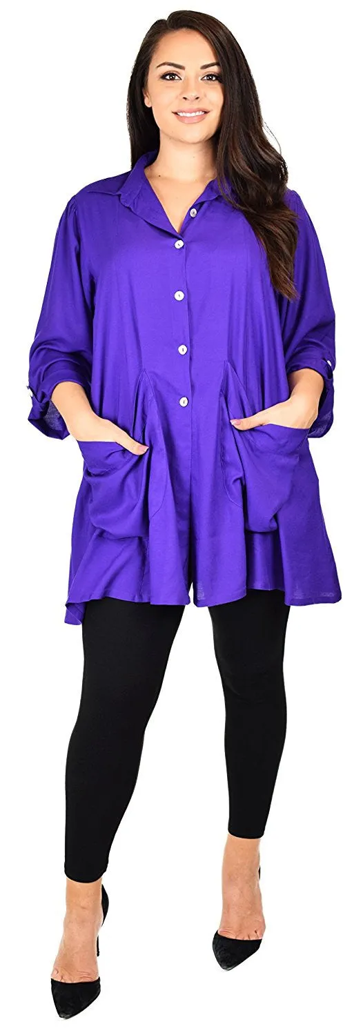 Button Down Tunic Blouse Shirt w/ Roll Up Sleeves