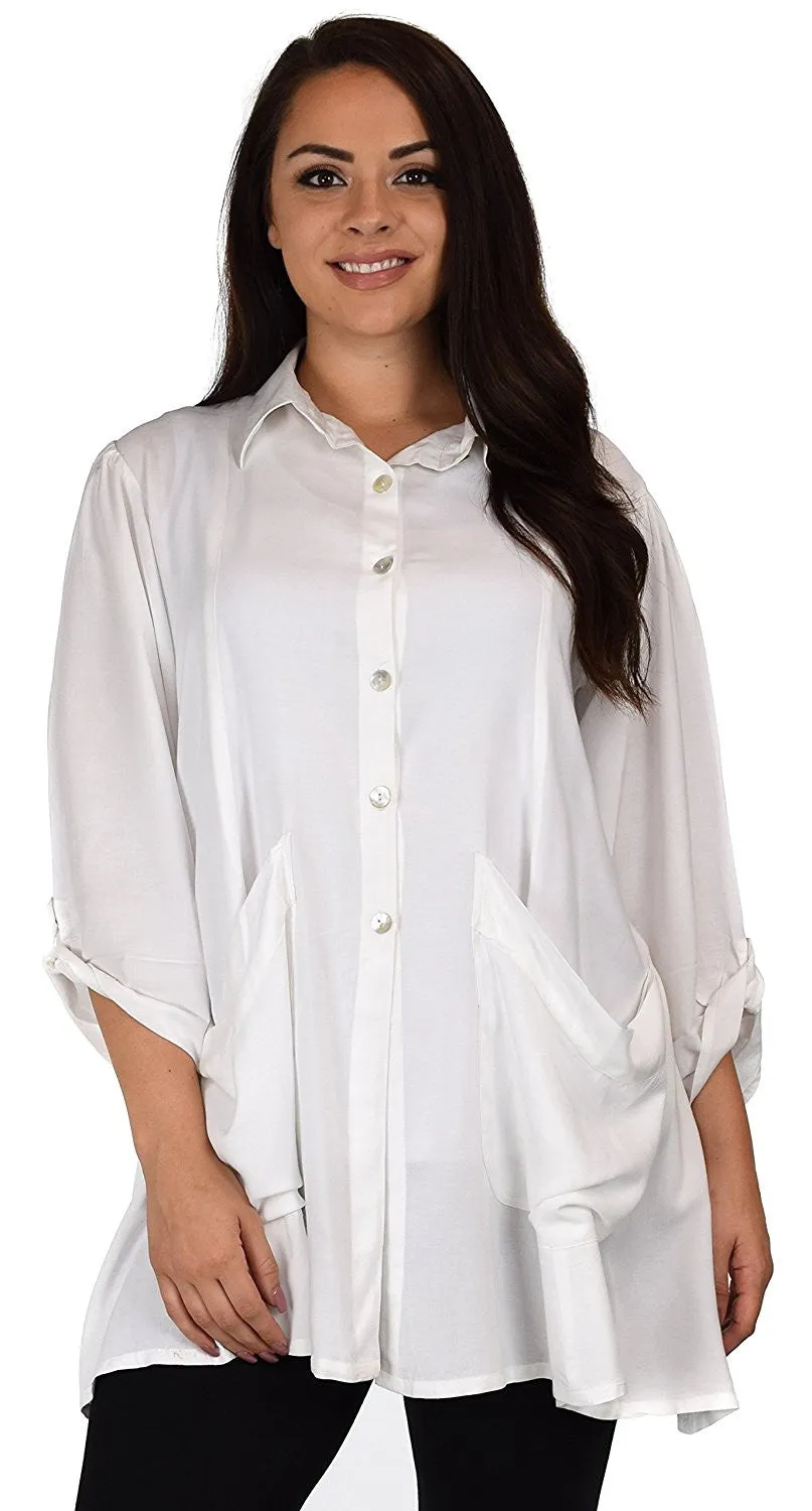 Button Down Tunic Blouse Shirt w/ Roll Up Sleeves