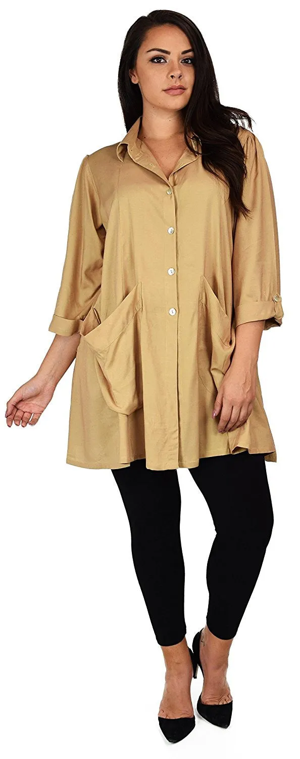 Button Down Tunic Blouse Shirt w/ Roll Up Sleeves