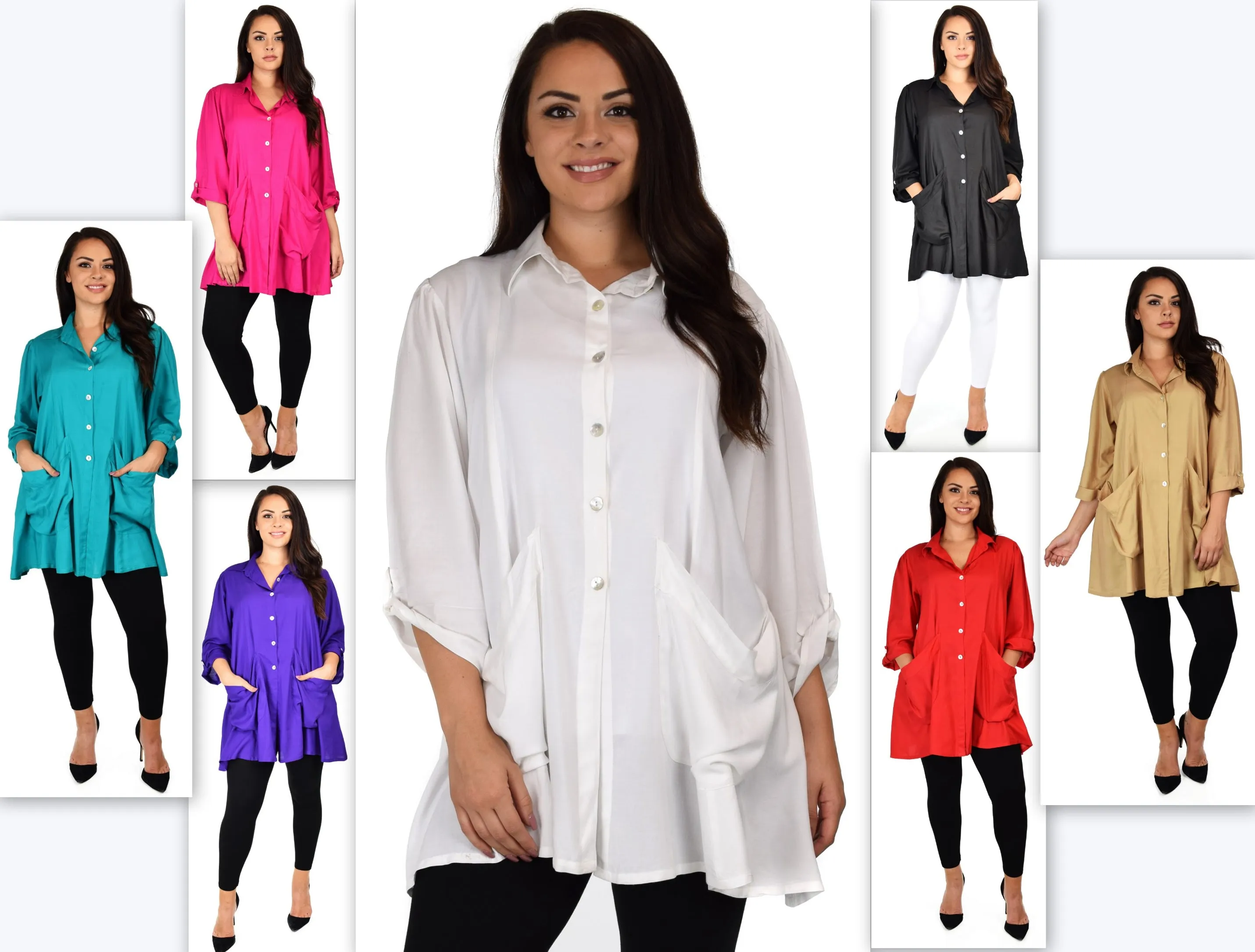 Button Down Tunic Blouse Shirt w/ Roll Up Sleeves