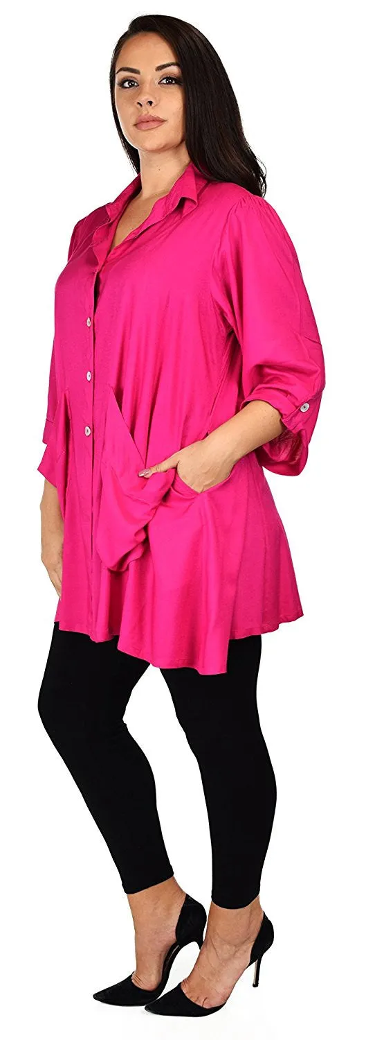 Button Down Tunic Blouse Shirt w/ Roll Up Sleeves