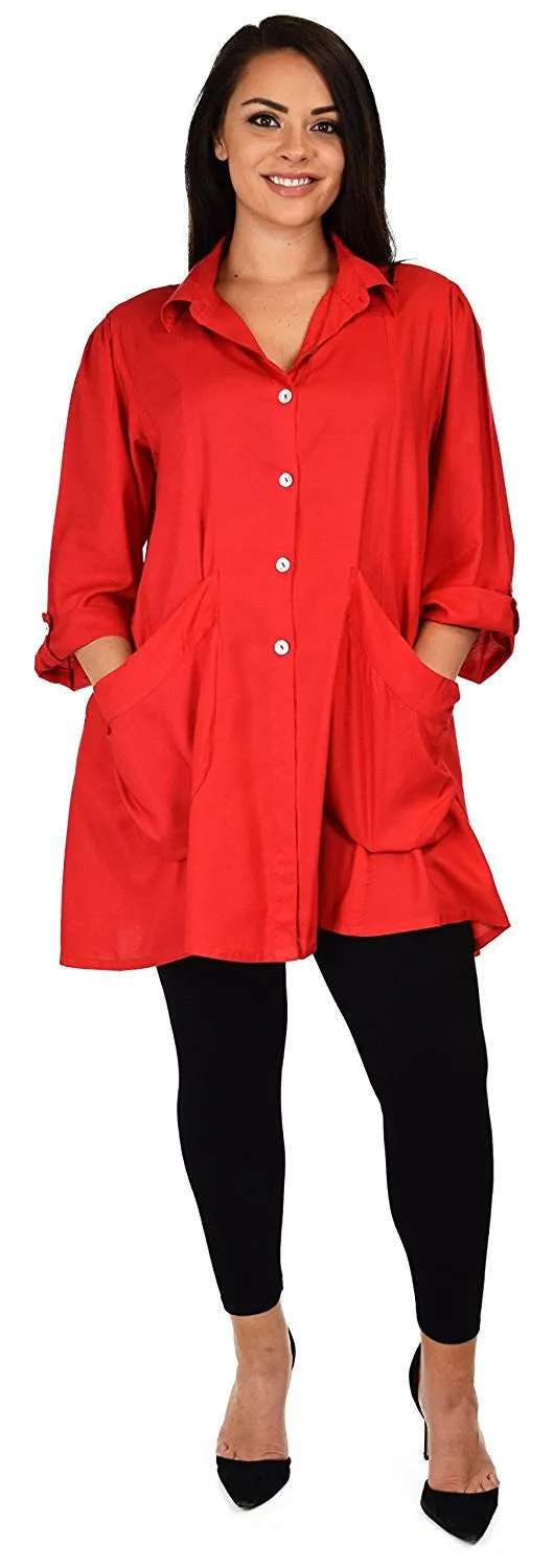 Button Down Tunic Blouse Shirt w/ Roll Up Sleeves