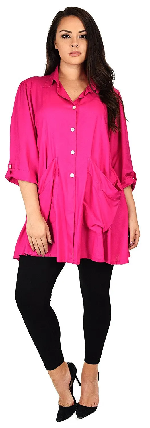 Button Down Tunic Blouse Shirt w/ Roll Up Sleeves