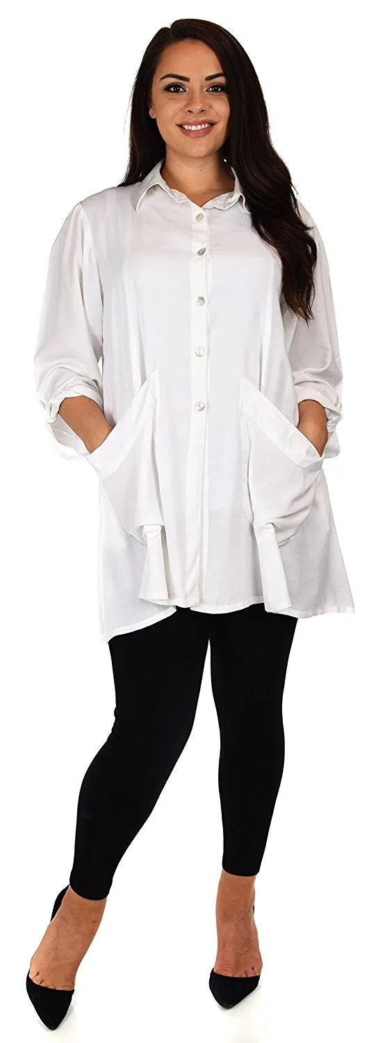 Button Down Tunic Blouse Shirt w/ Roll Up Sleeves
