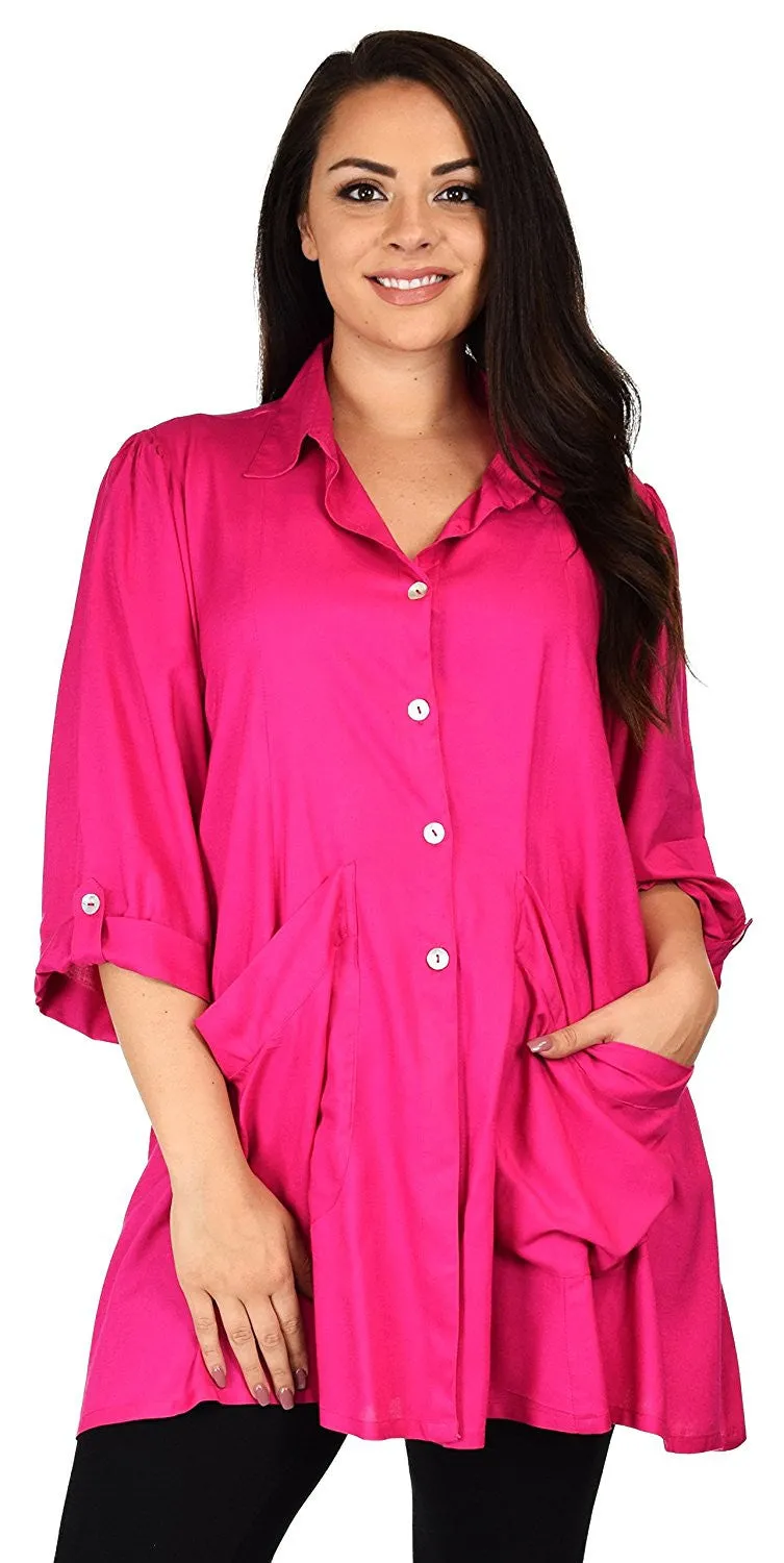 Button Down Tunic Blouse Shirt w/ Roll Up Sleeves