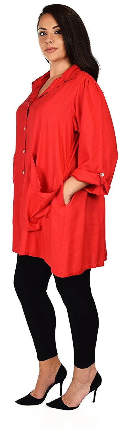 Button Down Tunic Blouse Shirt w/ Roll Up Sleeves