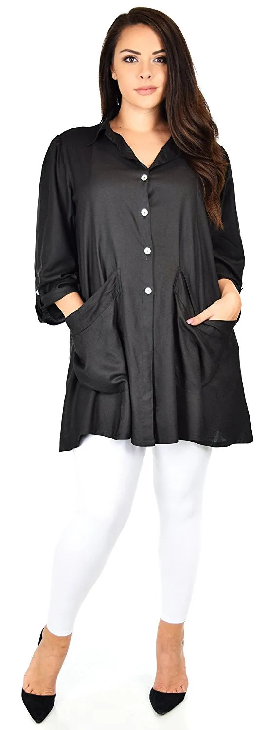 Button Down Tunic Blouse Shirt w/ Roll Up Sleeves