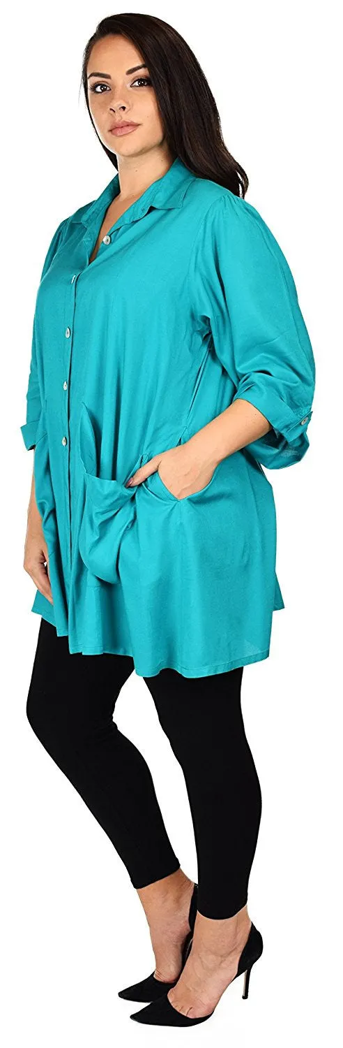 Button Down Tunic Blouse Shirt w/ Roll Up Sleeves