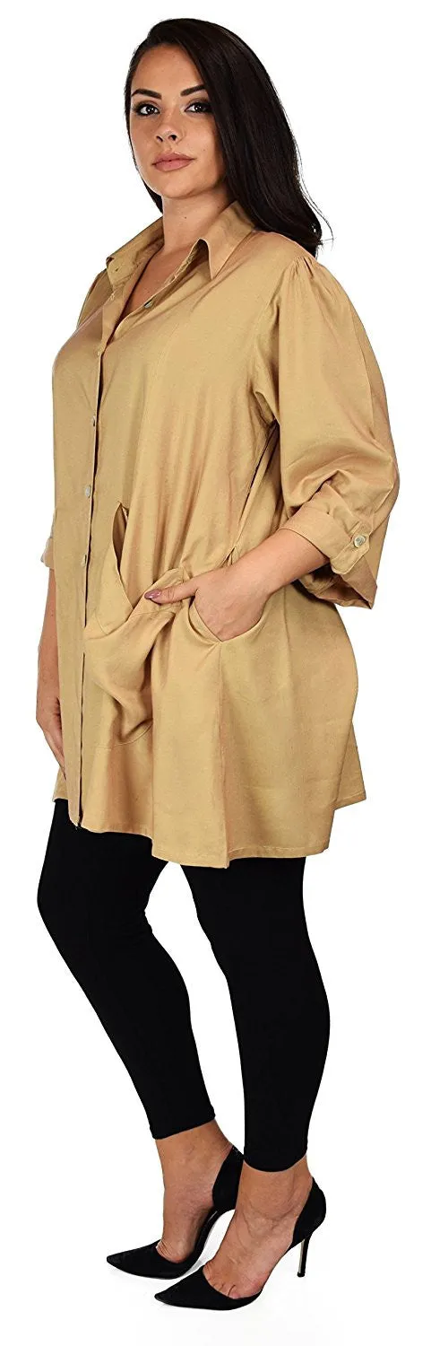 Button Down Tunic Blouse Shirt w/ Roll Up Sleeves