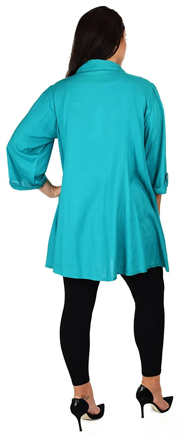 Button Down Tunic Blouse Shirt w/ Roll Up Sleeves