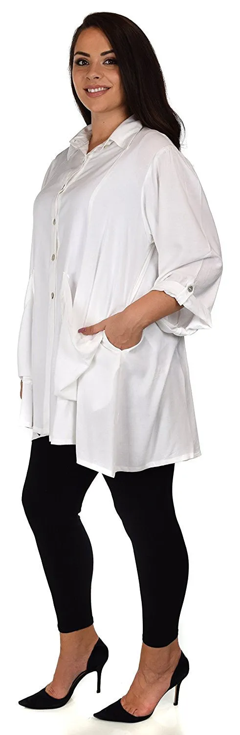 Button Down Tunic Blouse Shirt w/ Roll Up Sleeves