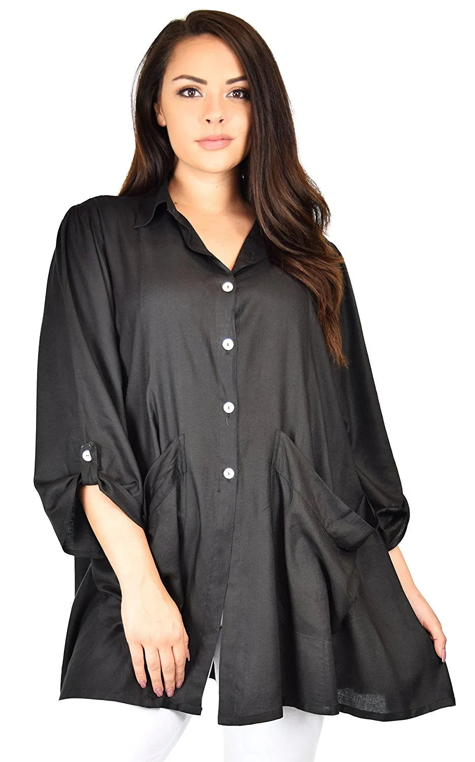 Button Down Tunic Blouse Shirt w/ Roll Up Sleeves