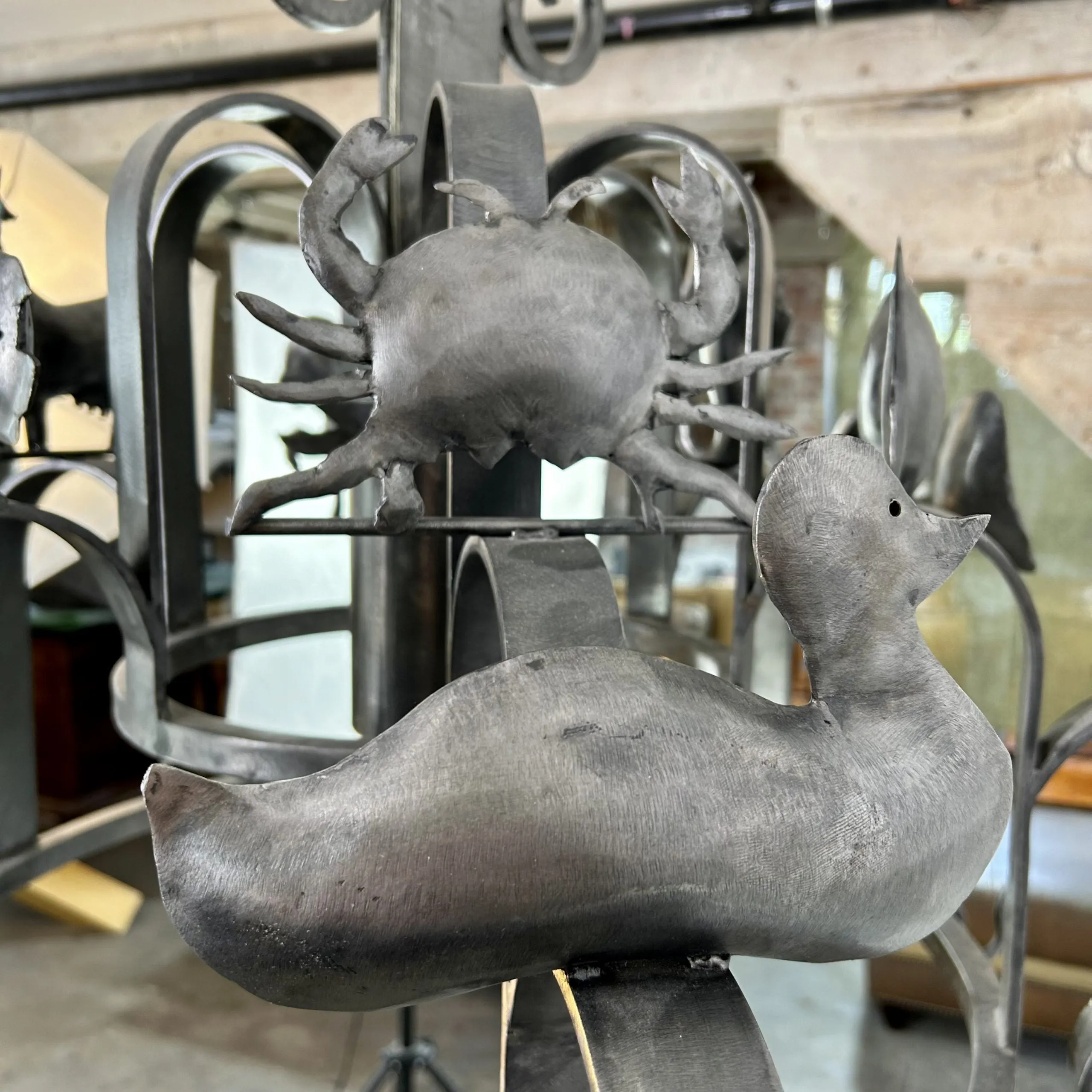 Chandelier, Pot Rack, Handcrafted Creature Cut-outs, Brushed Steel, Pewter Toned