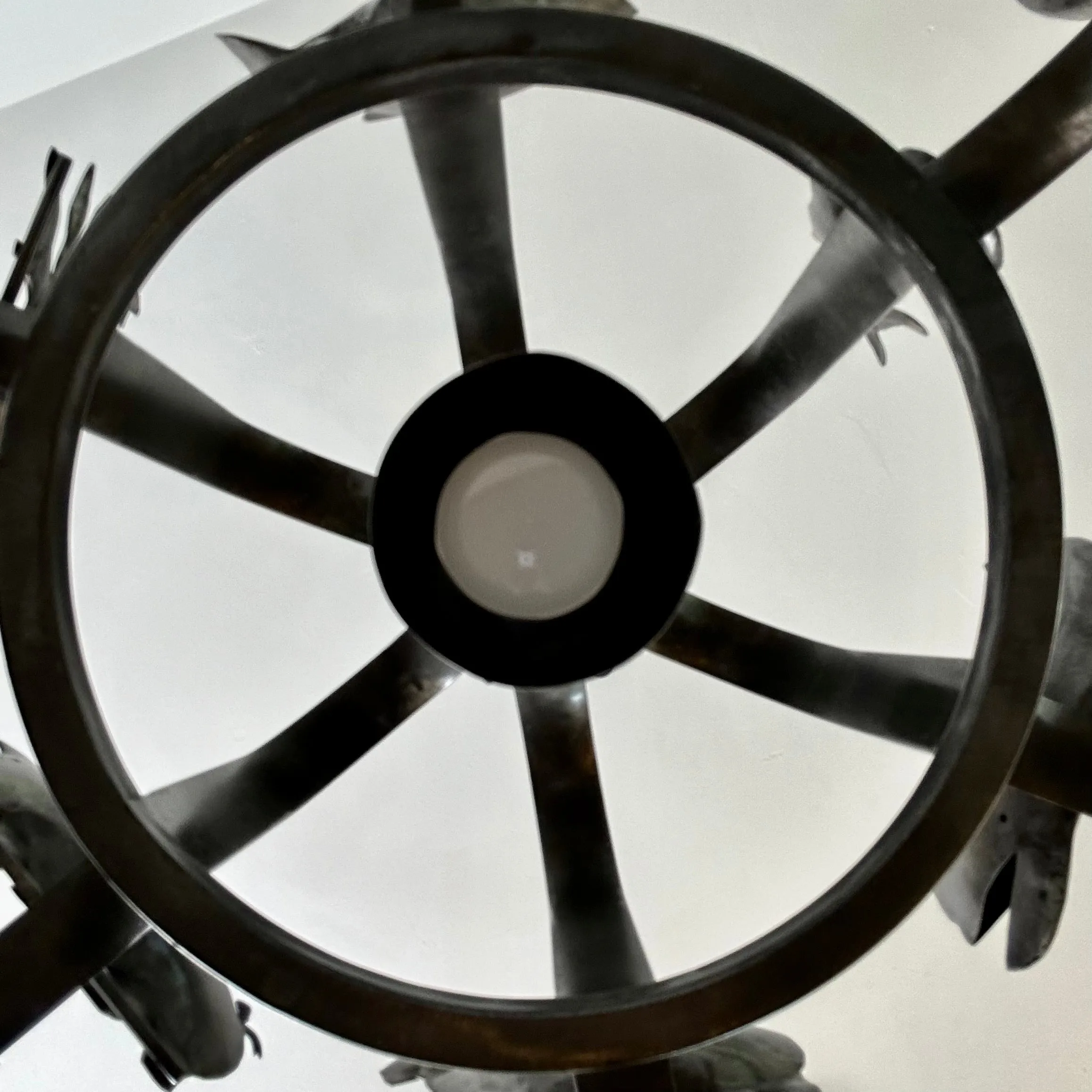 Chandelier, Pot Rack, Handcrafted Creature Cut-outs, Brushed Steel, Pewter Toned