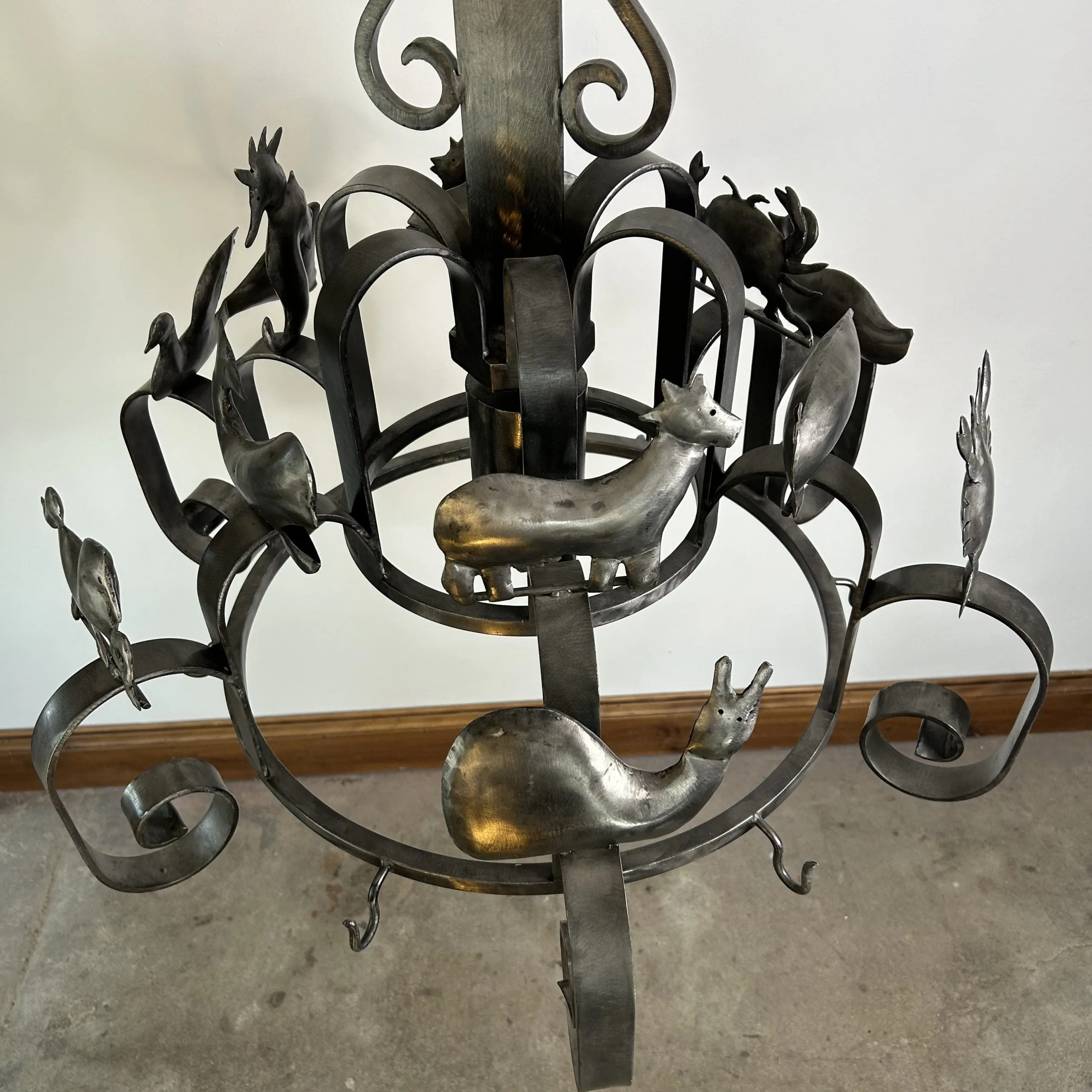 Chandelier, Pot Rack, Handcrafted Creature Cut-outs, Brushed Steel, Pewter Toned