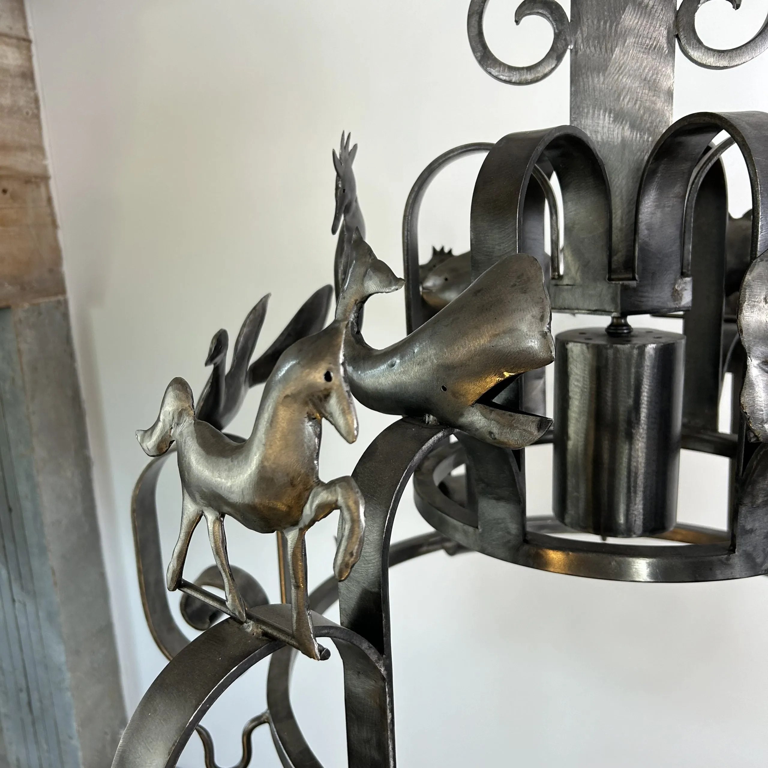 Chandelier, Pot Rack, Handcrafted Creature Cut-outs, Brushed Steel, Pewter Toned