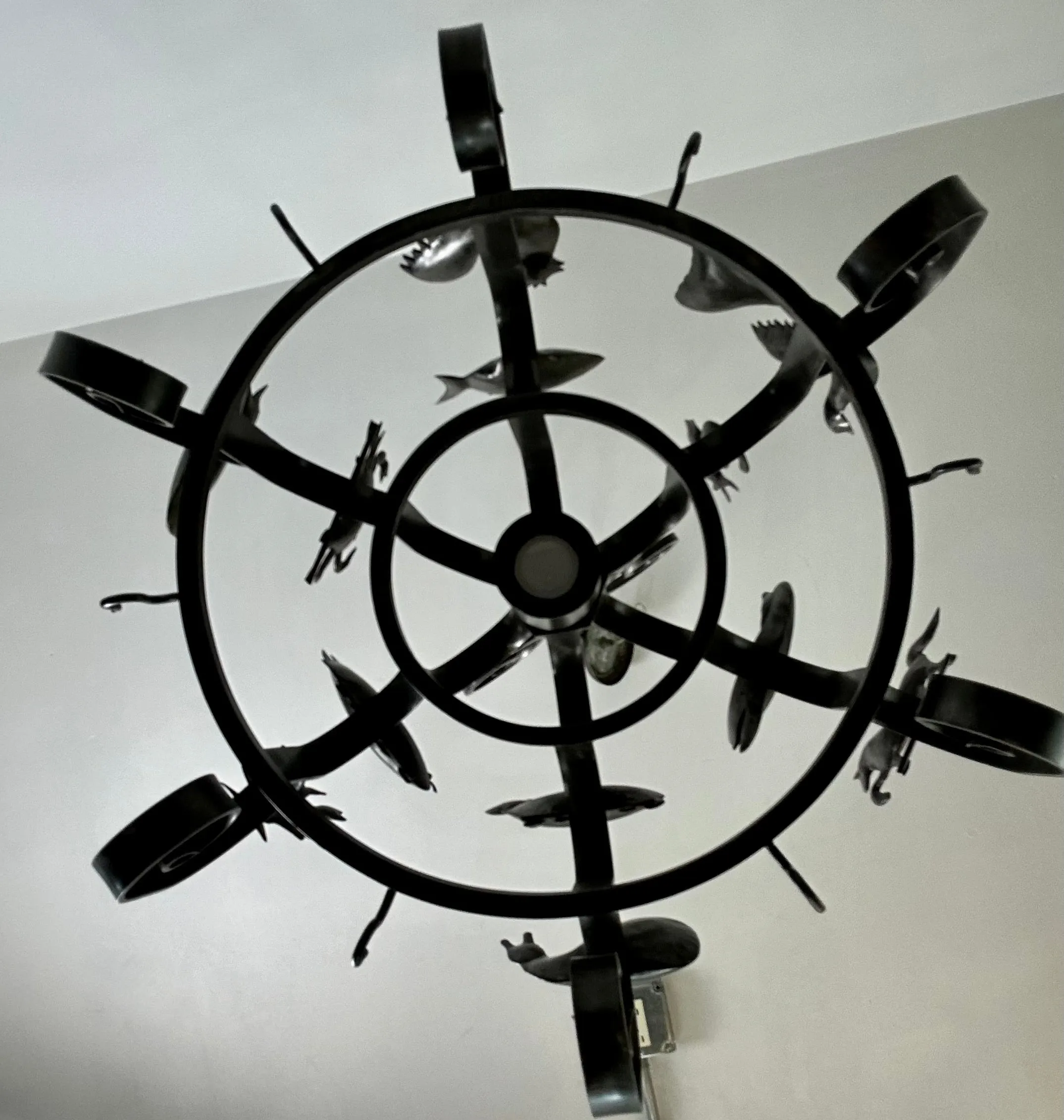 Chandelier, Pot Rack, Handcrafted Creature Cut-outs, Brushed Steel, Pewter Toned