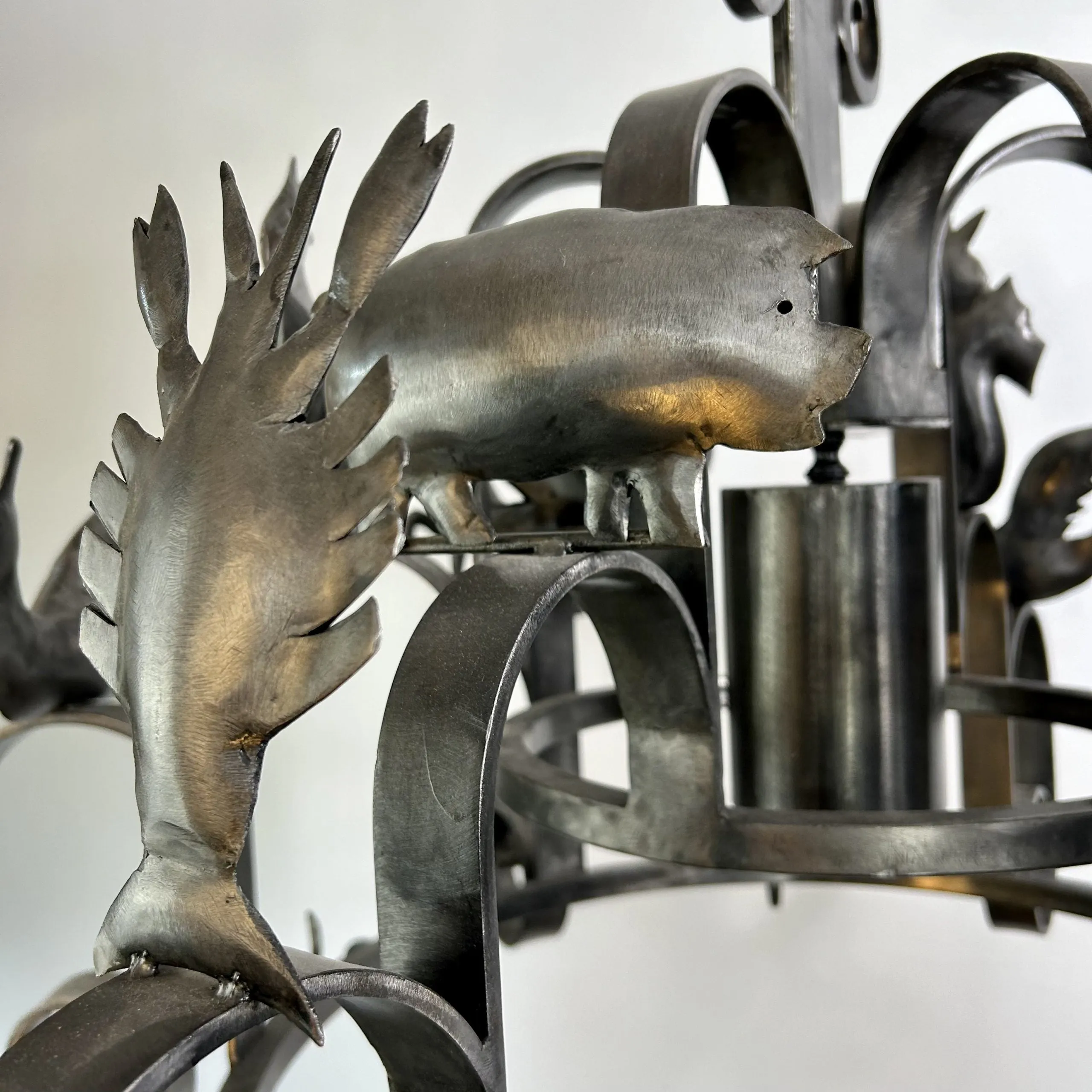 Chandelier, Pot Rack, Handcrafted Creature Cut-outs, Brushed Steel, Pewter Toned