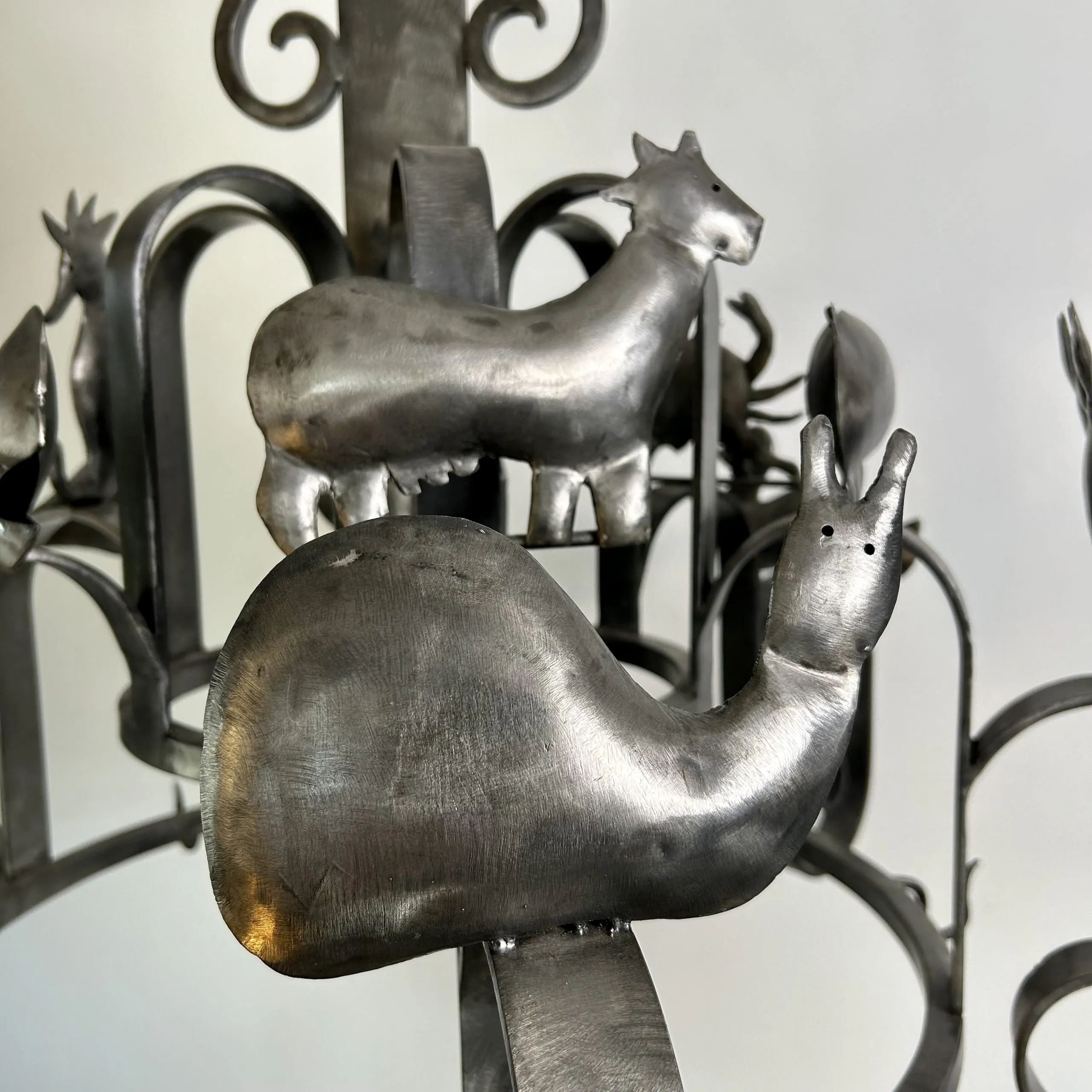 Chandelier, Pot Rack, Handcrafted Creature Cut-outs, Brushed Steel, Pewter Toned
