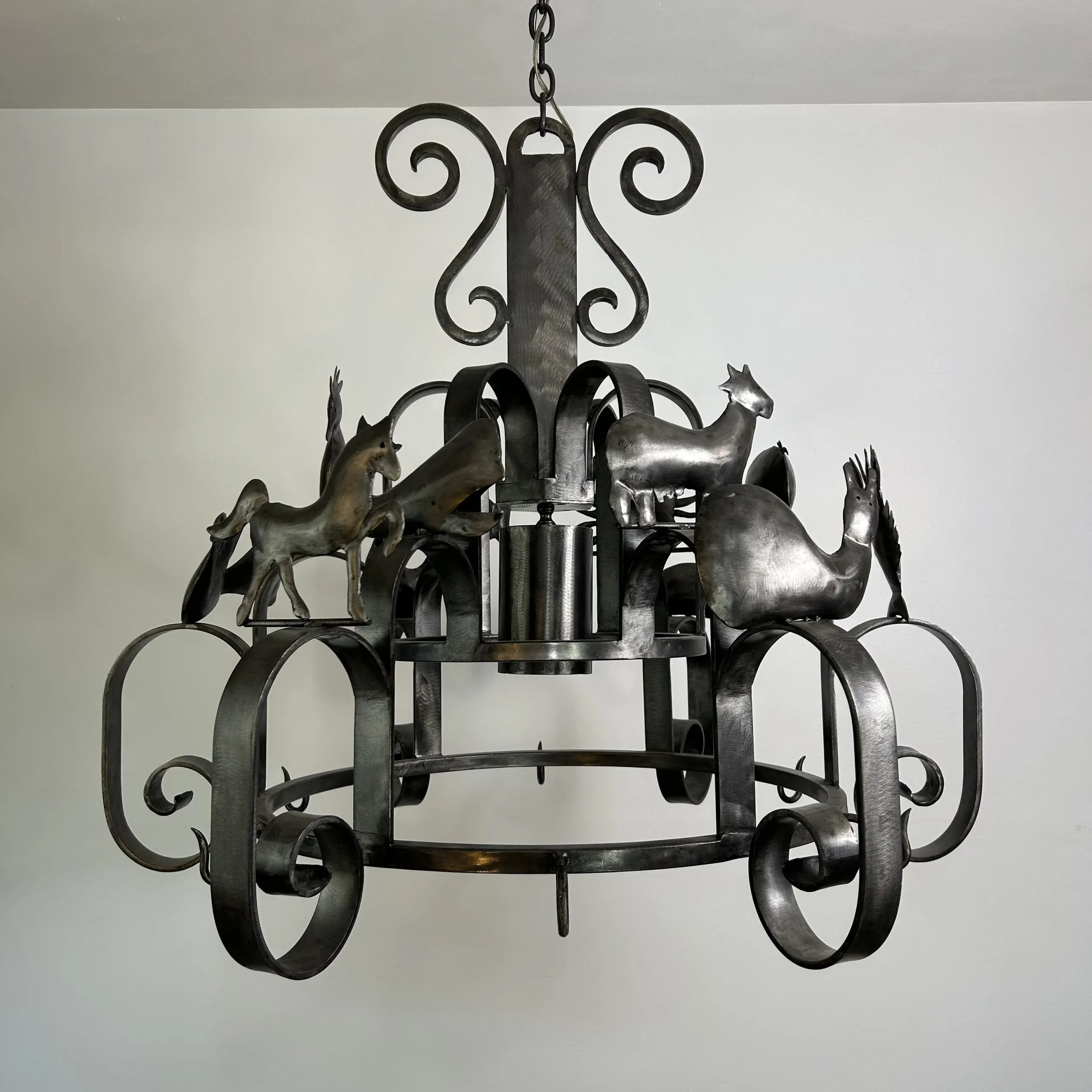 Chandelier, Pot Rack, Handcrafted Creature Cut-outs, Brushed Steel, Pewter Toned