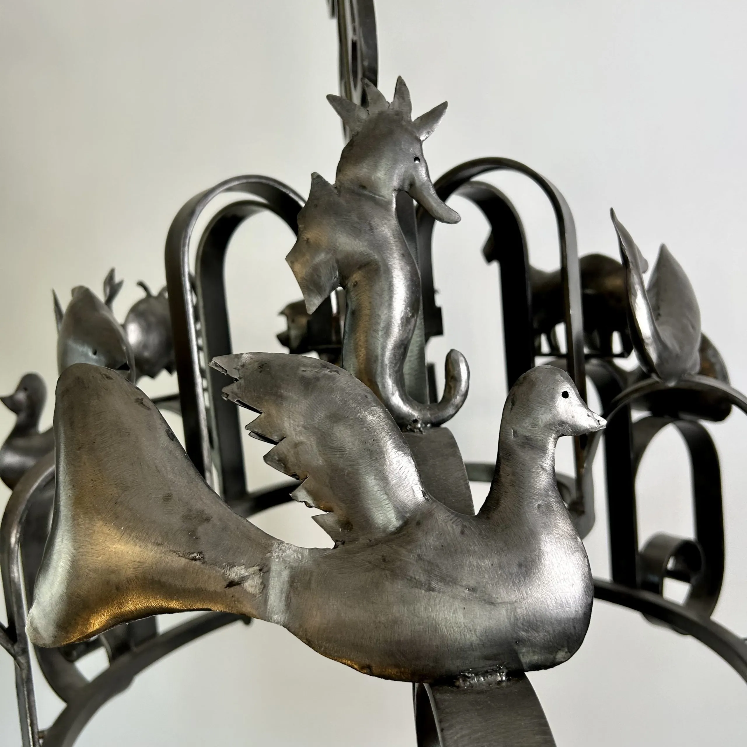 Chandelier, Pot Rack, Handcrafted Creature Cut-outs, Brushed Steel, Pewter Toned