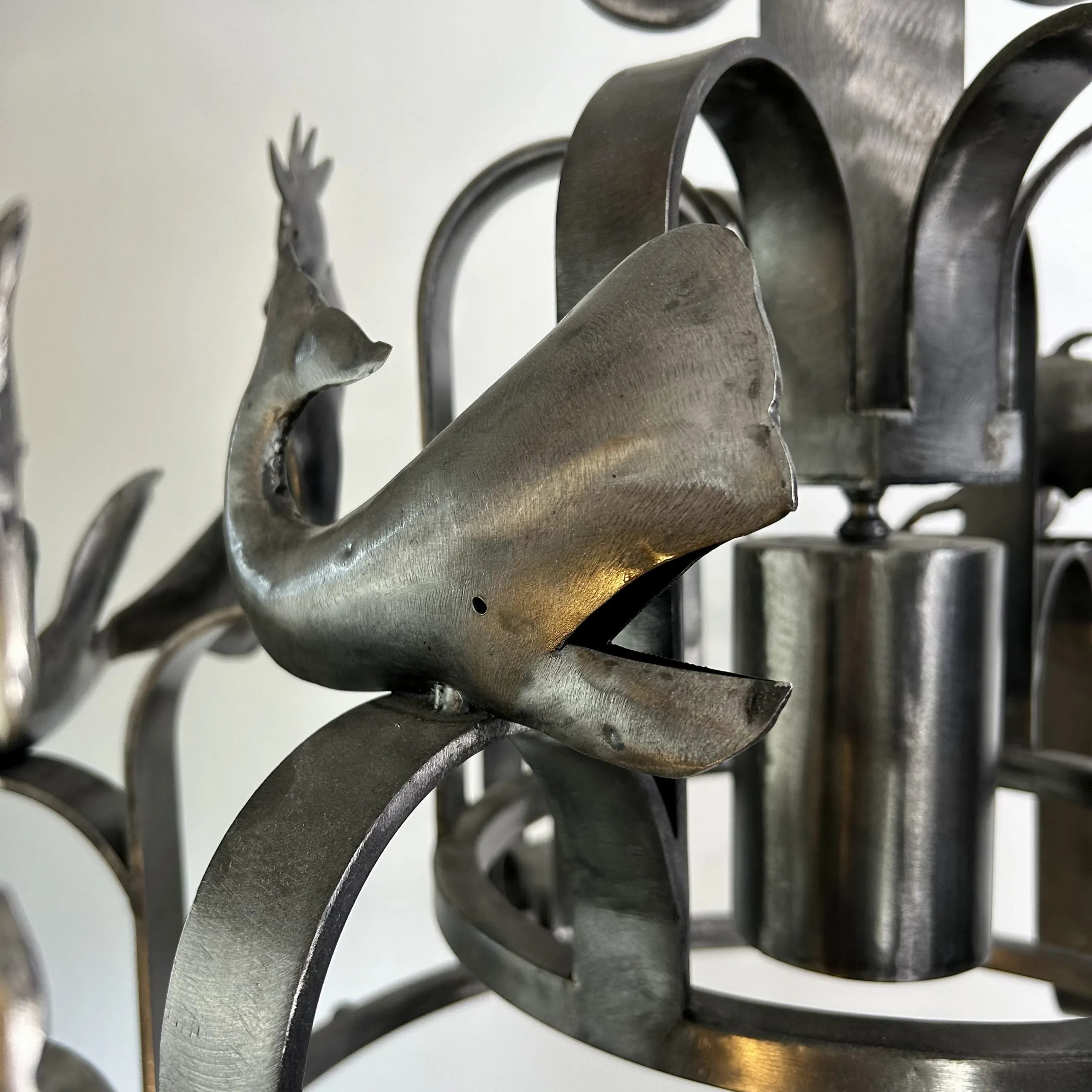 Chandelier, Pot Rack, Handcrafted Creature Cut-outs, Brushed Steel, Pewter Toned