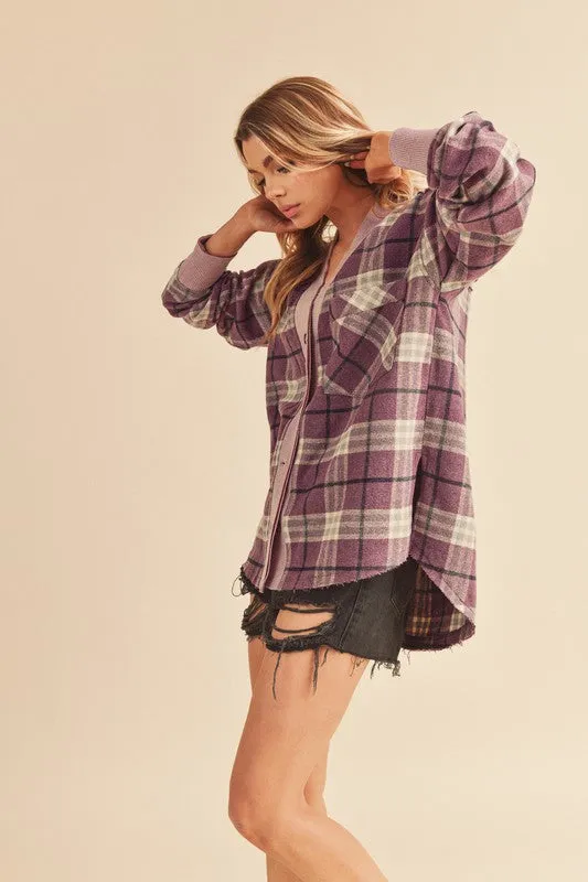 Dusty Plum Plaid Button-Down Jacket with Pockets
