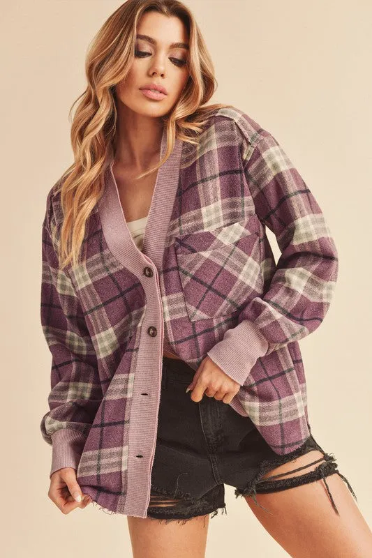 Dusty Plum Plaid Button-Down Jacket with Pockets