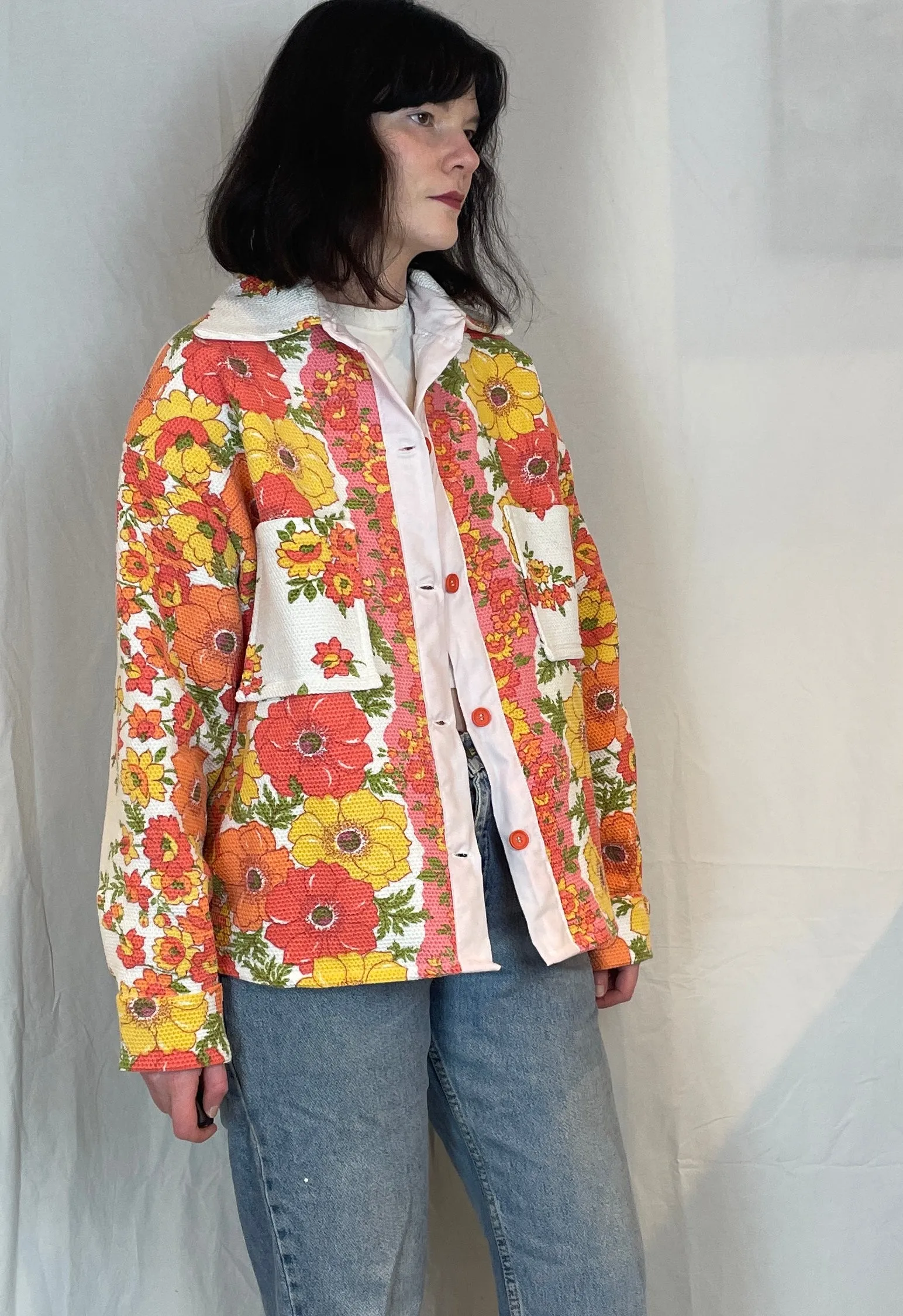 Ellen Handmade Pink and Orange Floral Shirt Jacket - Up To Size 16