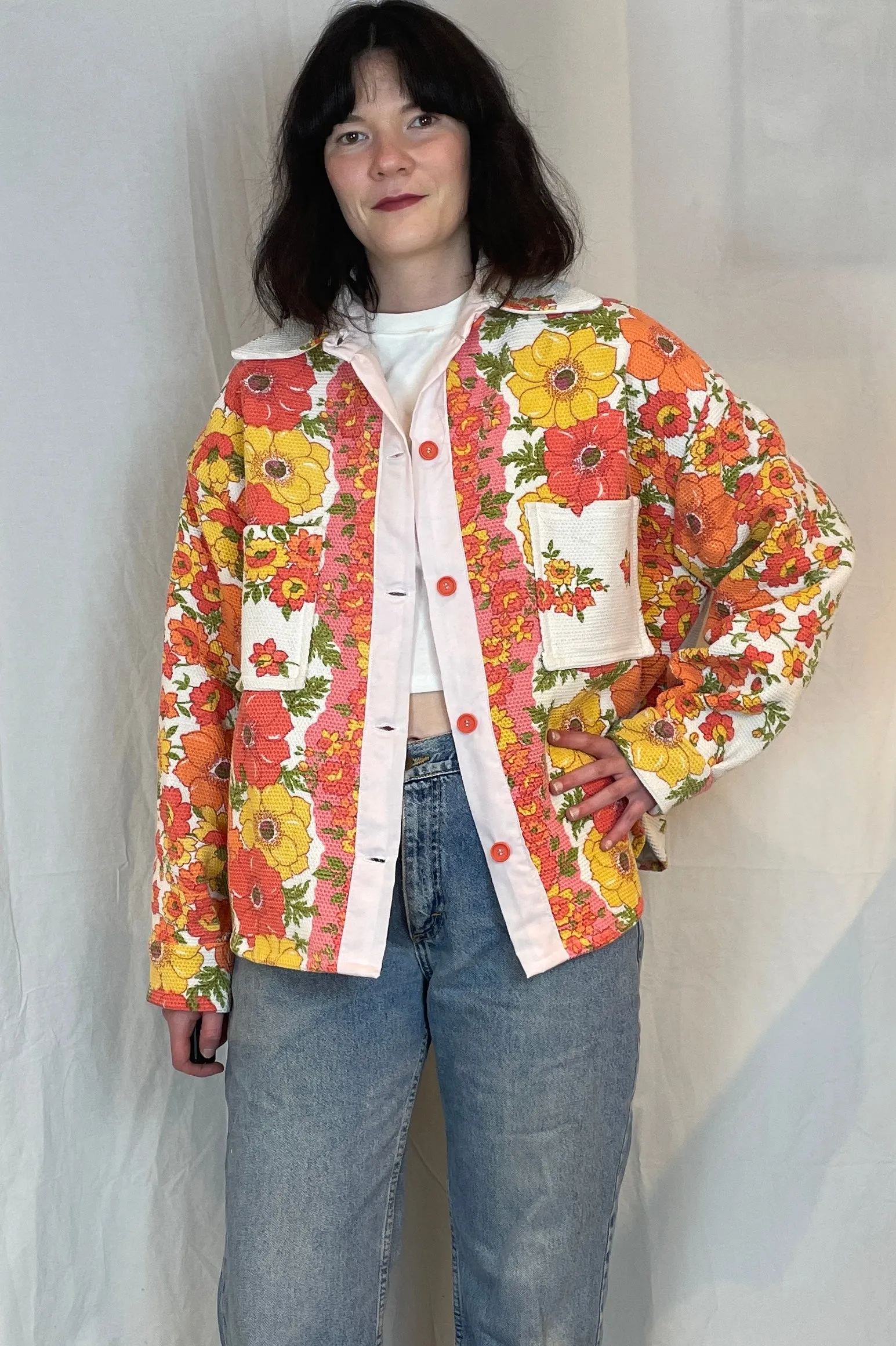 Ellen Handmade Pink and Orange Floral Shirt Jacket - Up To Size 16