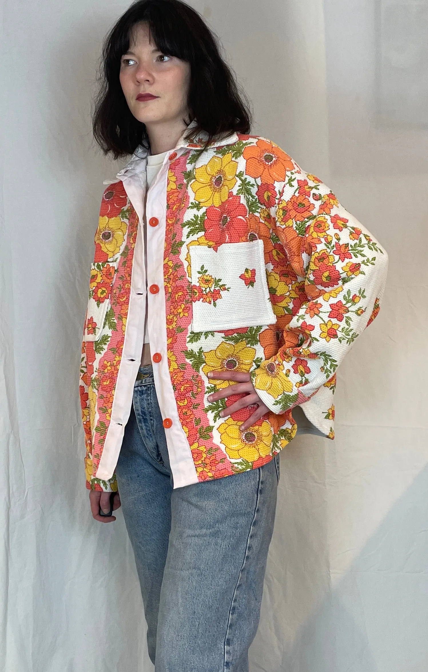 Ellen Handmade Pink and Orange Floral Shirt Jacket - Up To Size 16