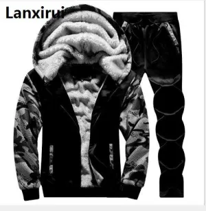 Fashion Tracksuit Men Casual Hooded Warm Tracksuit Sweatshirt Male Winter Thick Inner Fleece Jacket Pant Men Moleton Masculino