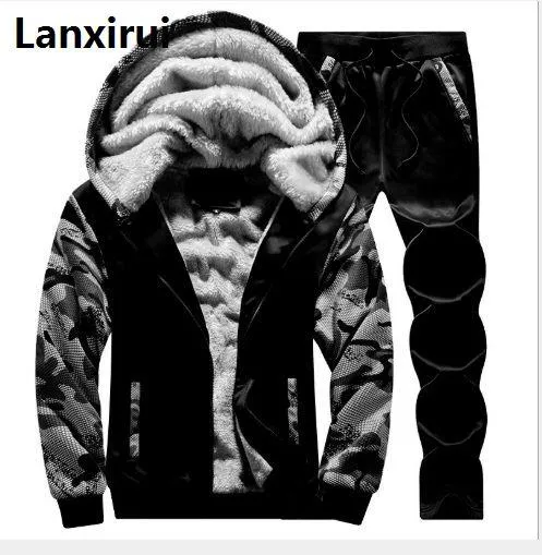 Fashion Tracksuit Men Casual Hooded Warm Tracksuit Sweatshirt Male Winter Thick Inner Fleece Jacket Pant Men Moleton Masculino