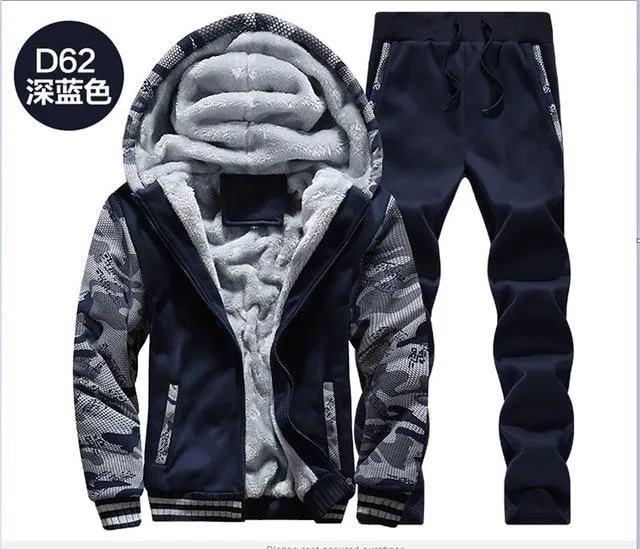 Fashion Tracksuit Men Casual Hooded Warm Tracksuit Sweatshirt Male Winter Thick Inner Fleece Jacket Pant Men Moleton Masculino
