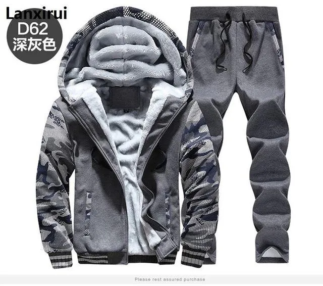 Fashion Tracksuit Men Casual Hooded Warm Tracksuit Sweatshirt Male Winter Thick Inner Fleece Jacket Pant Men Moleton Masculino