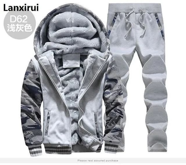 Fashion Tracksuit Men Casual Hooded Warm Tracksuit Sweatshirt Male Winter Thick Inner Fleece Jacket Pant Men Moleton Masculino