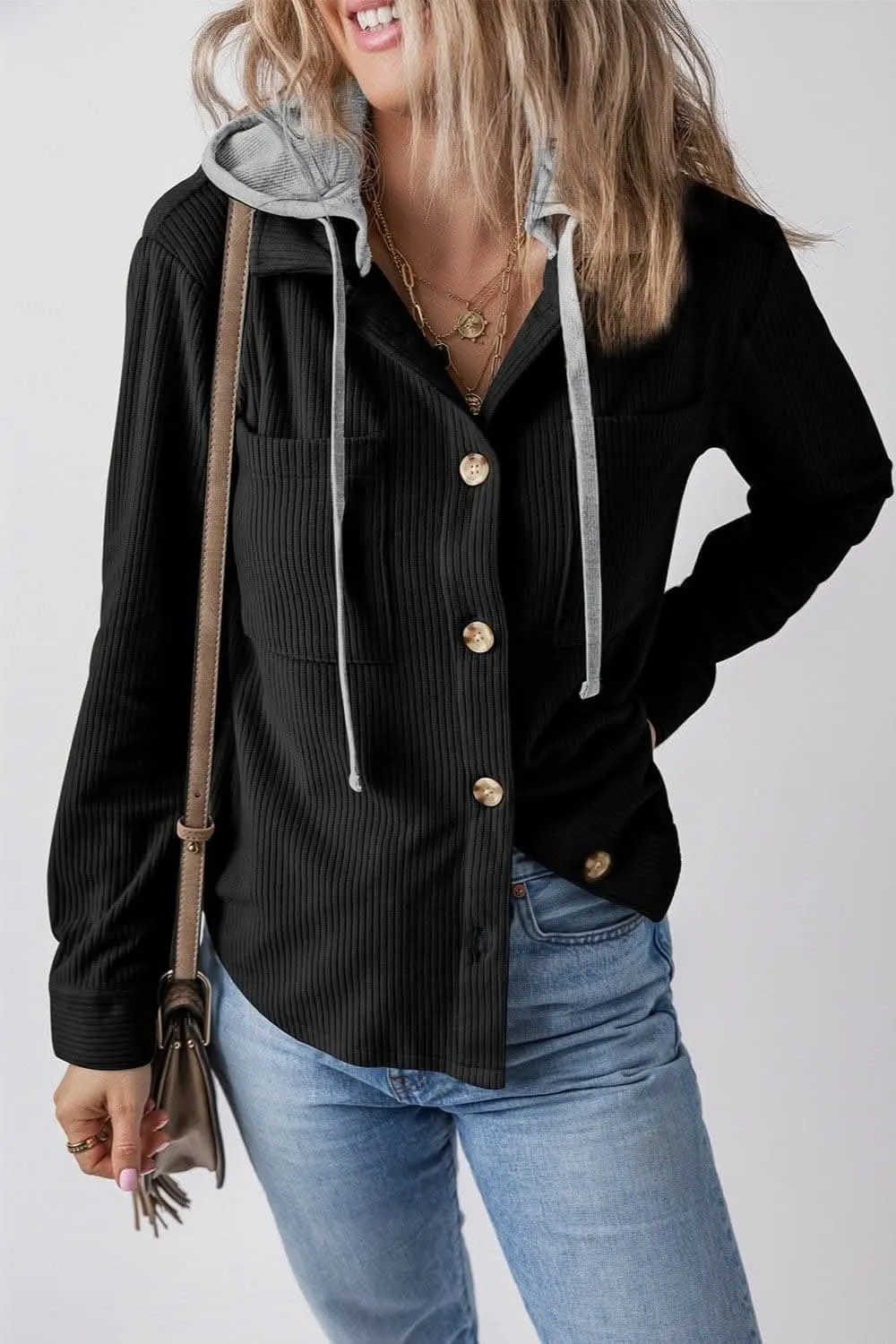 Hooded drawstring jacket with pockets
