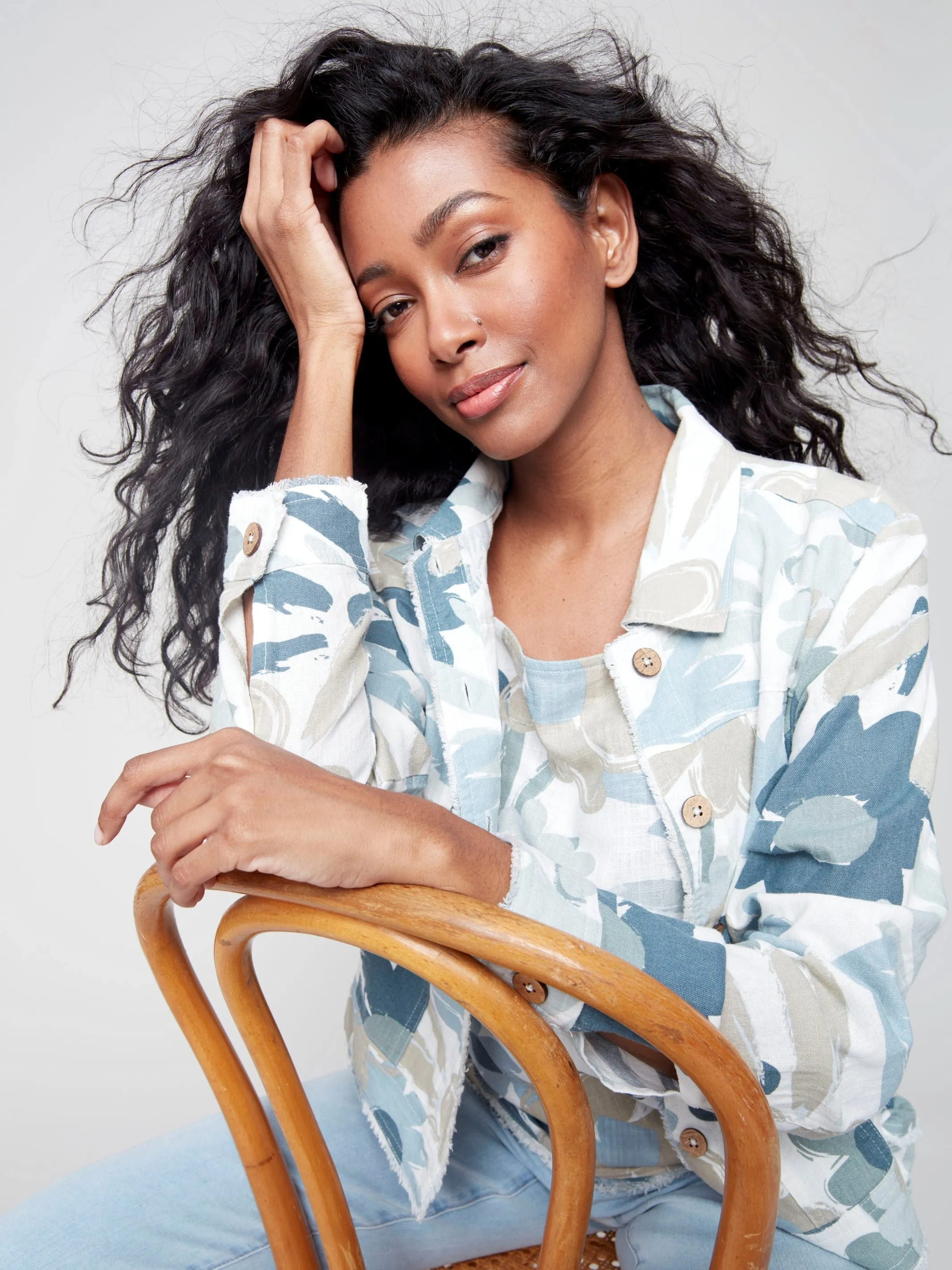 Printed Linen Blend Jacket - Basil