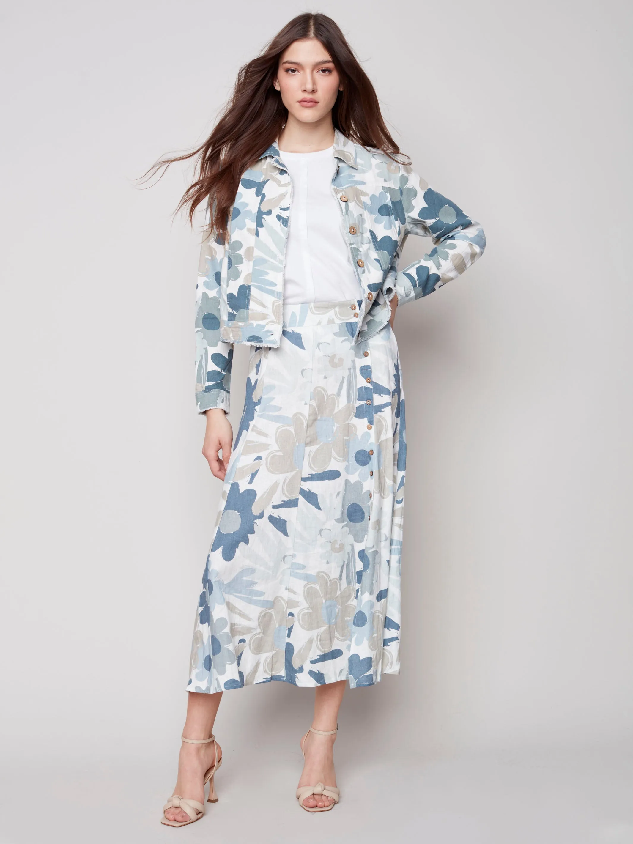 Printed Linen Blend Jacket - Basil