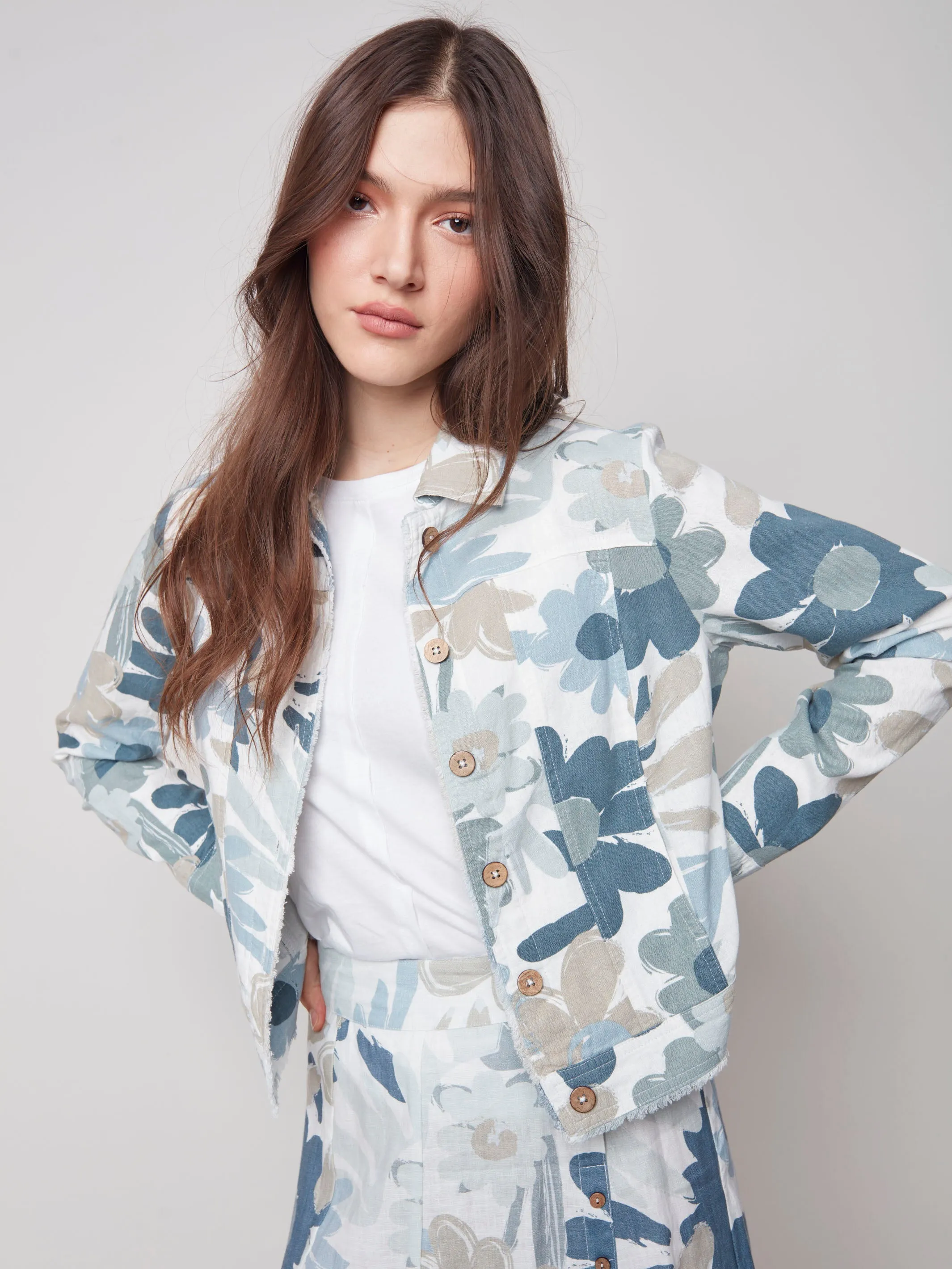 Printed Linen Blend Jacket - Basil
