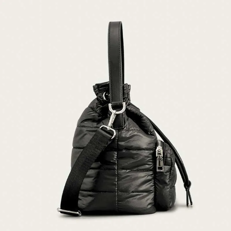 Puffer Drawstring Bucket Bag for Women Down Satchel Quilted Shoulder Bag