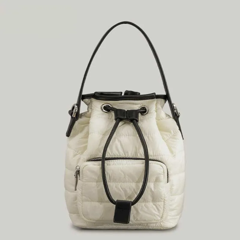 Puffer Drawstring Bucket Bag for Women Down Satchel Quilted Shoulder Bag