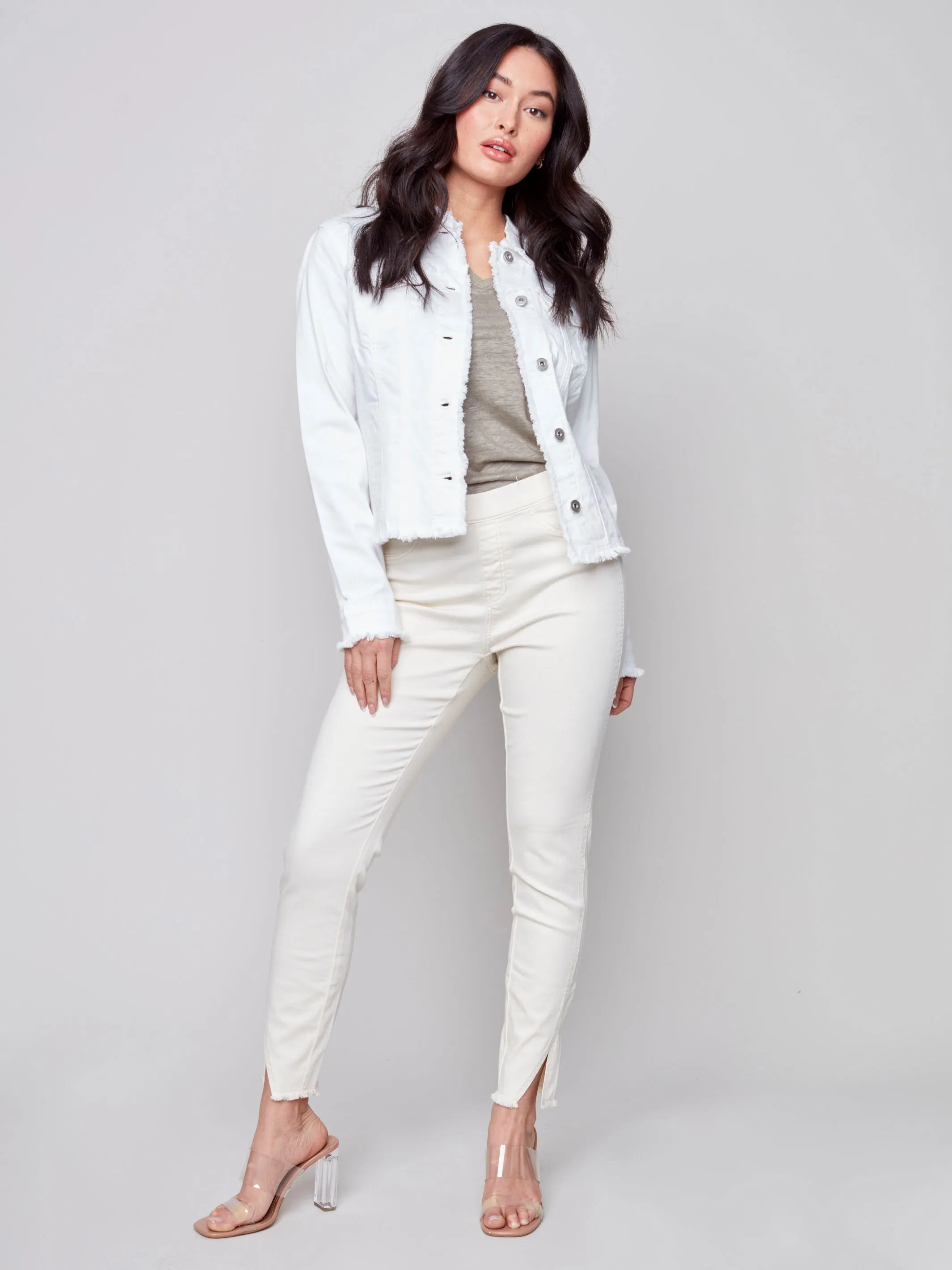 Twill Jean Jacket with Frayed Edges - White