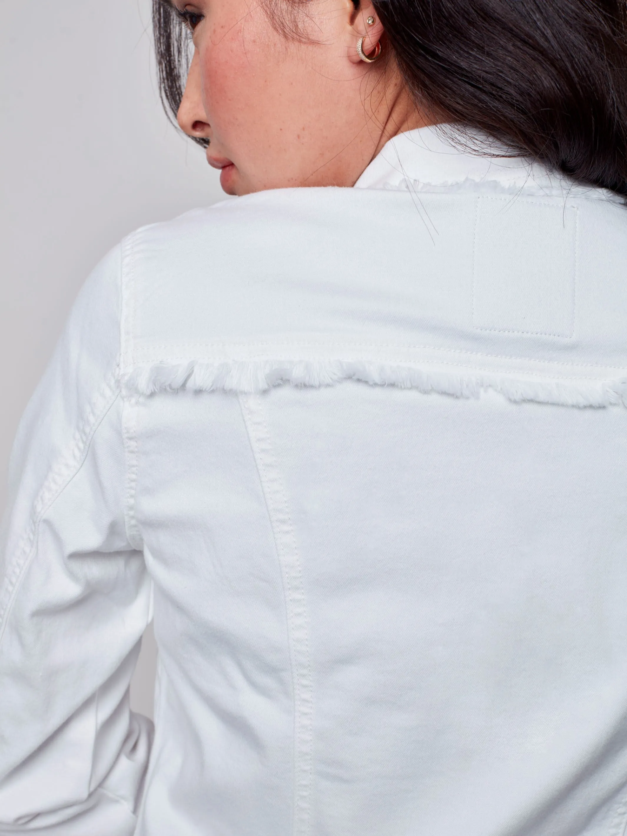 Twill Jean Jacket with Frayed Edges - White