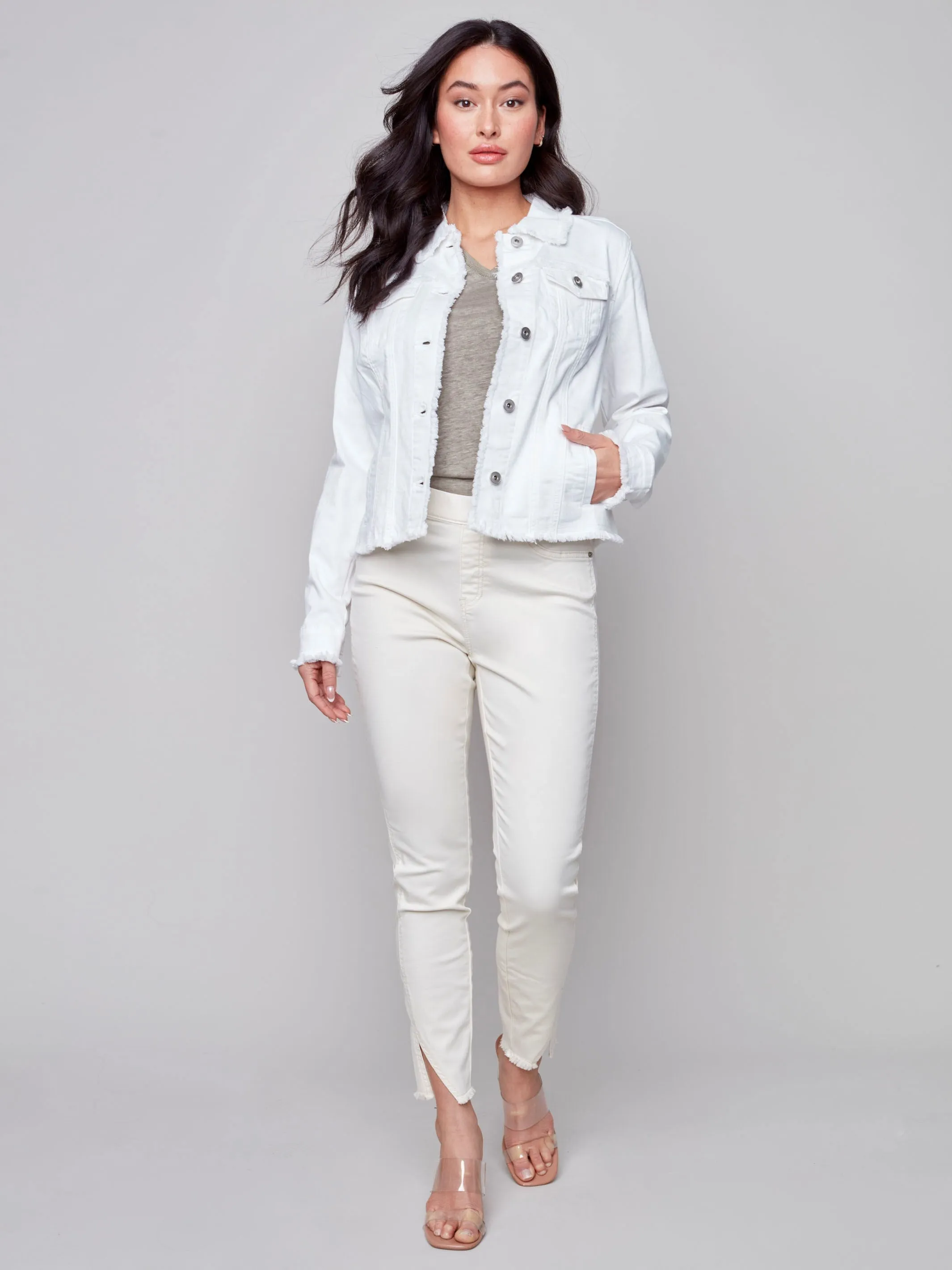 Twill Jean Jacket with Frayed Edges - White